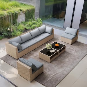 8-Piece khaki Wicker Patio Conversation Set with Water Resistant Gray Thick Cushions