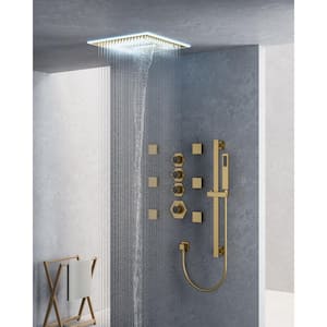 Thermostatic 17-Spray 16 in. Square LED Mood Lighting Bluetooth Music Shower System with Valve in Brushed Gold