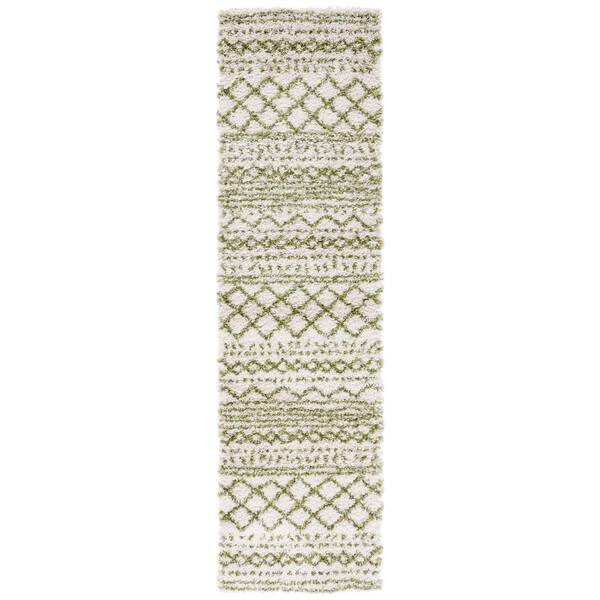 SAFAVIEH Arizona Shag 2 ft. x 10 ft. Ivory/Green Geometric Lodge Runner Rug