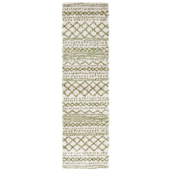 Arizona Shag Ivory/Green 2 ft. x 12 ft. Geometric Lodge Runner Rug