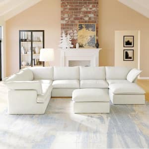 163 in. Overstuffed Down Filled Comfort Linen Flannel U-shape 8-Seat Sofa Modular Sectional with Ottoman, White