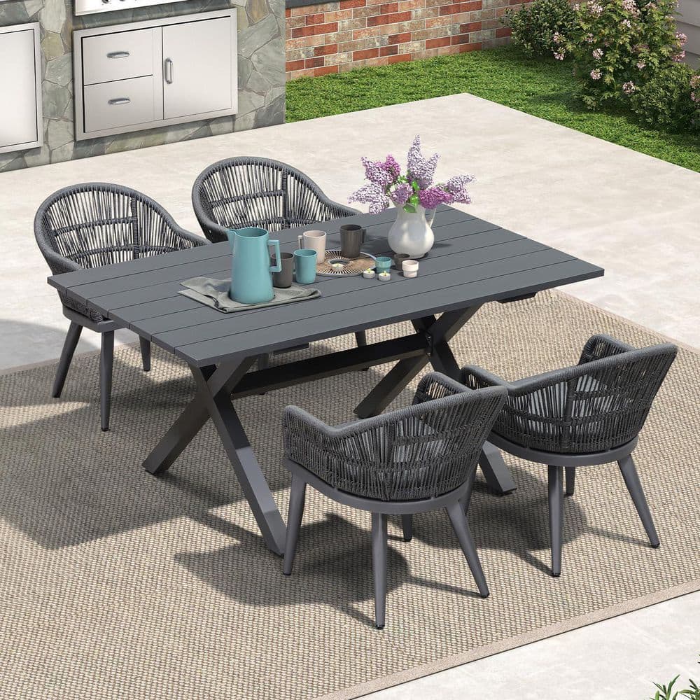 5-Piece Aluminum All-Weather PE Rattan Rectangular Outdoor Dining Set with Cushion, Gray price history on PriceWatchPro