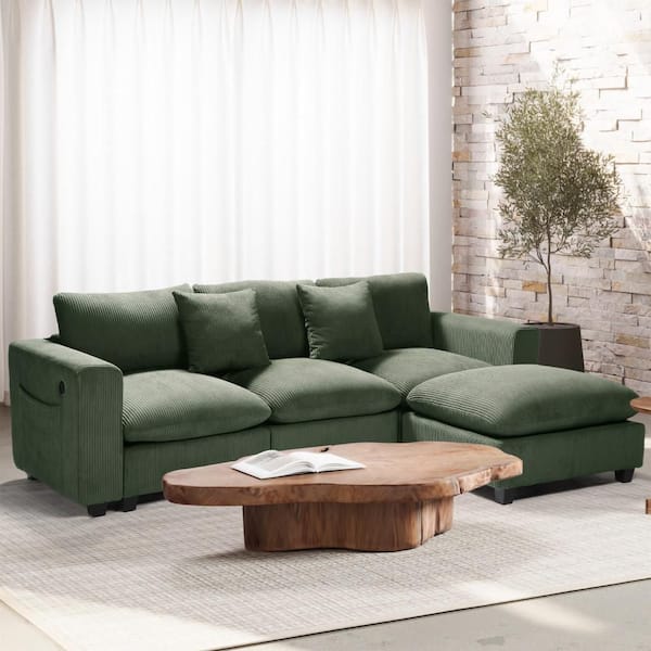 Hamilton 99 in. Square Arm 4-Piece Corduroy Upholstered Modular Sectional Sofa Set w/ USB Charge Port in. Olive Green
