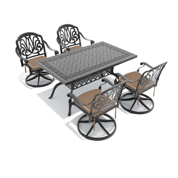 5-Piece Black Cast Aluminum Patio Outdoor Dining Set with Rectangular Table and 4 Swivel Chairs with Brown Cushions
