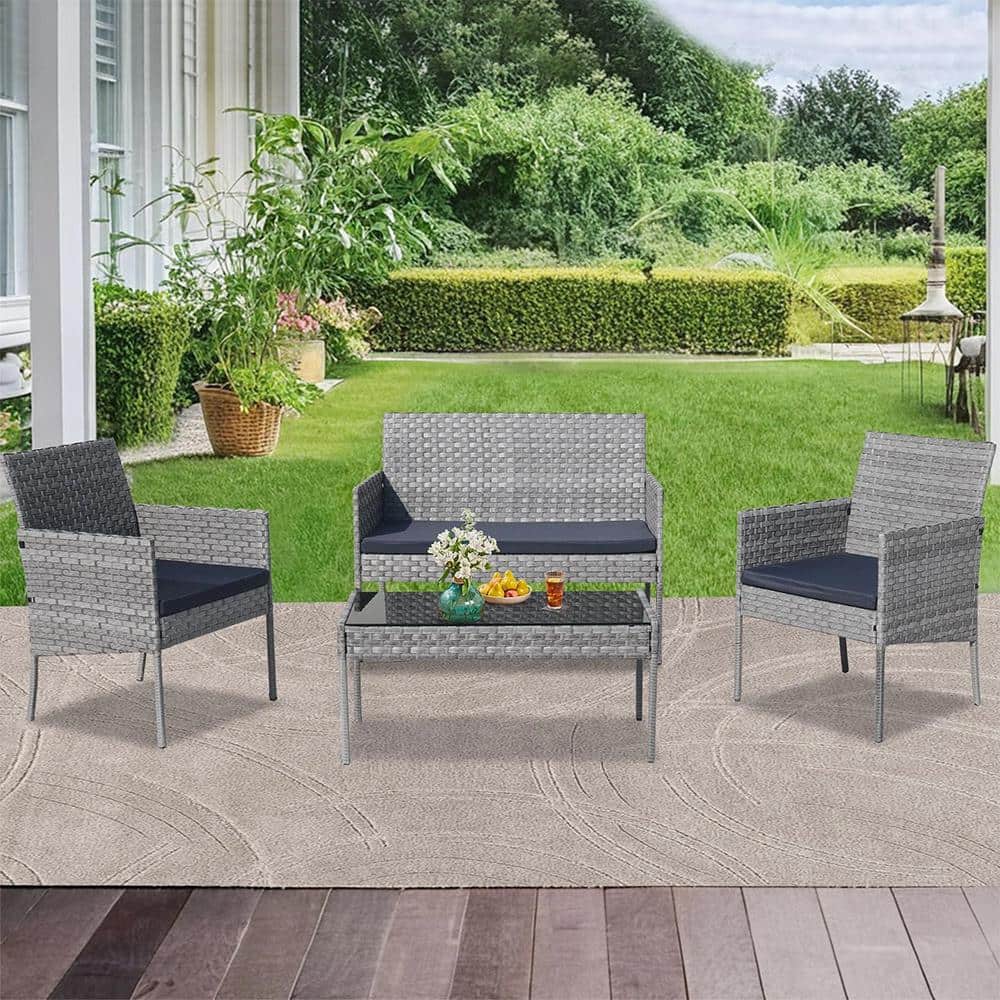 4-Piece Wicker Patio Conversation Set with Gray Cushions and Coffee Table, 