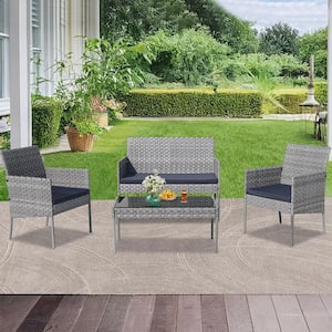 4-Piece Wicker Patio Conversation Set with Gray Cushions and Coffee Table, All-Weather PE Rattan Outdoor Furniture Set