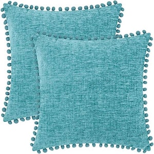 Outdoor Throw Pillow Cases Pack of 2 Cozy Solid Dyed Soft Chenille Cushion Covers with Pom Poms