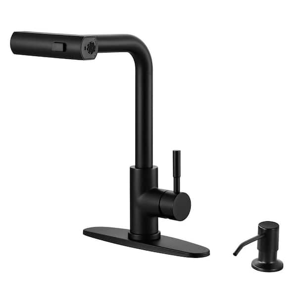 13.5 in. H Single Handle 360° Swivel Pull Out Sprayer Kitchen Faucet w/3-Spray Modes and Soap Dispenser in Matte Black