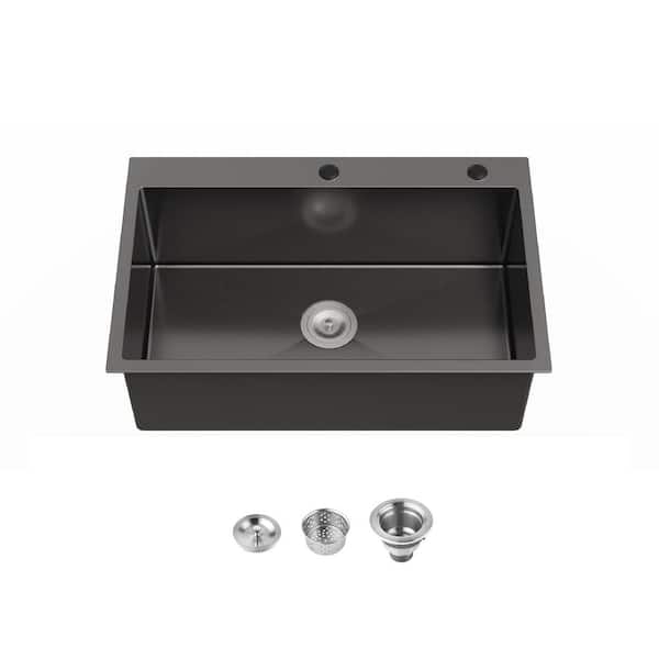 30 in. Drop-in Single Bowl 16 Gauge Black Stainless Steel Kitchen Sink with US Standard Drain and Hook