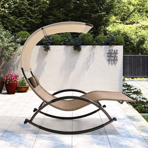 Metal Double Sun Bed Outdoor Chaise Lounge Rocking Chair with Wheels and Beige Canopy and Brown Seat