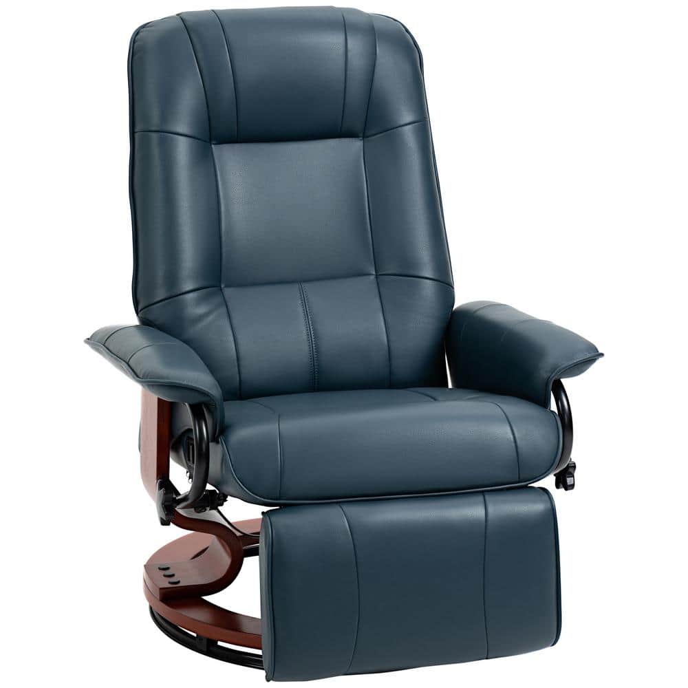 Blue Faux Leather Swivel Recliner with Wood Base