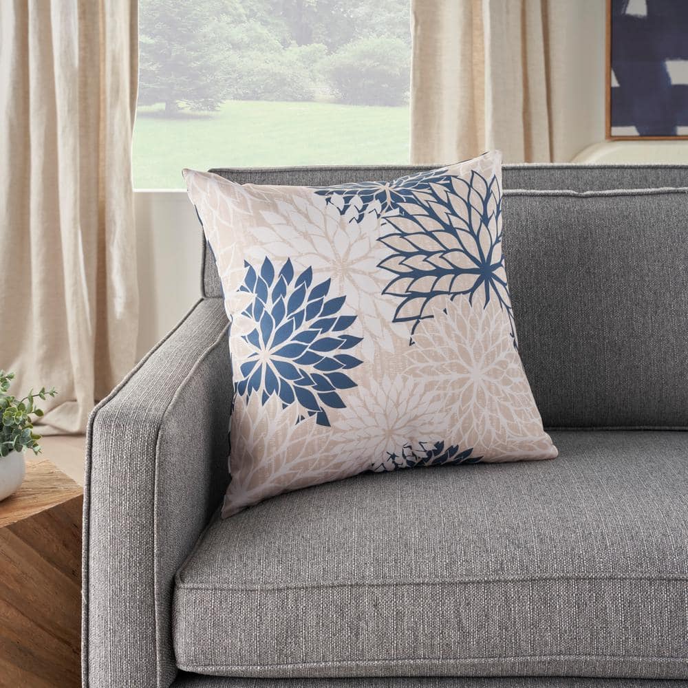 Ivory and Navy Floral Square Outdoor Throw Pillow