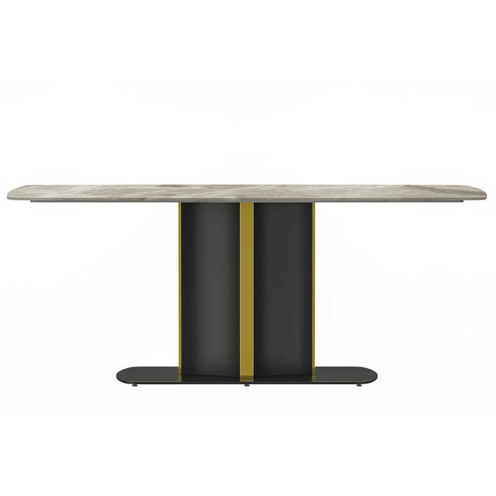 Sylva 71" Deep Grey Glass Dining Table with Black and Gold Pedestal Base