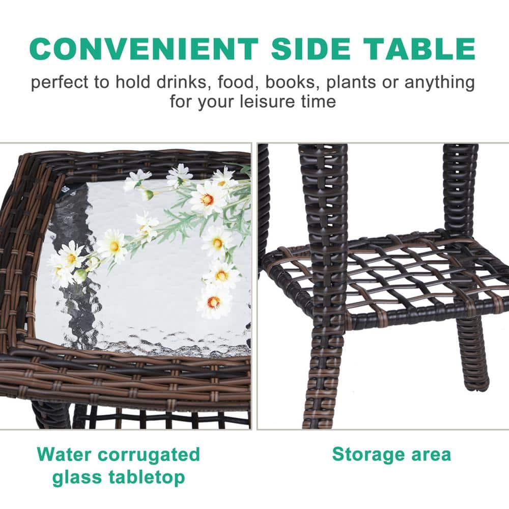 Brown Square Wicker Outdoor Side Table with Glass Top and Steel Frame