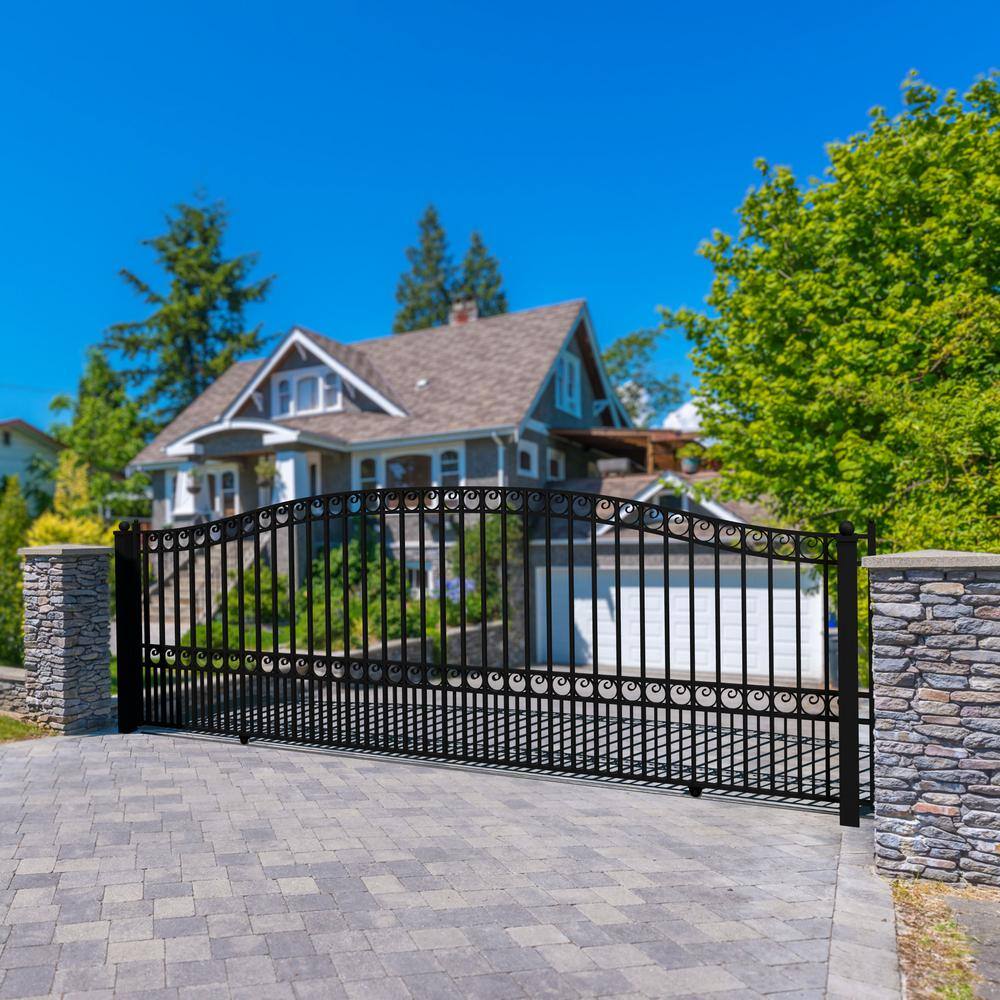 Paris Style Black Steel Arched Sliding Driveway Gate