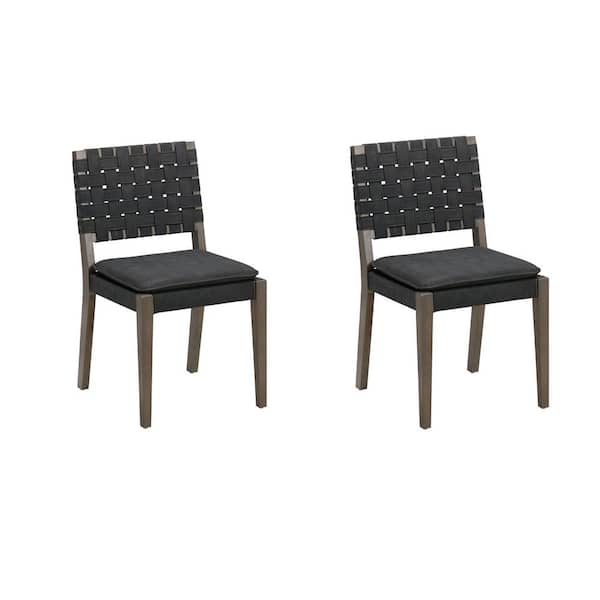 Cohen 19 in. Wood Mid-Century Modern Upholstered Dining Chair with Hand Woven Faux Leather Backrest, Black, Set of 2