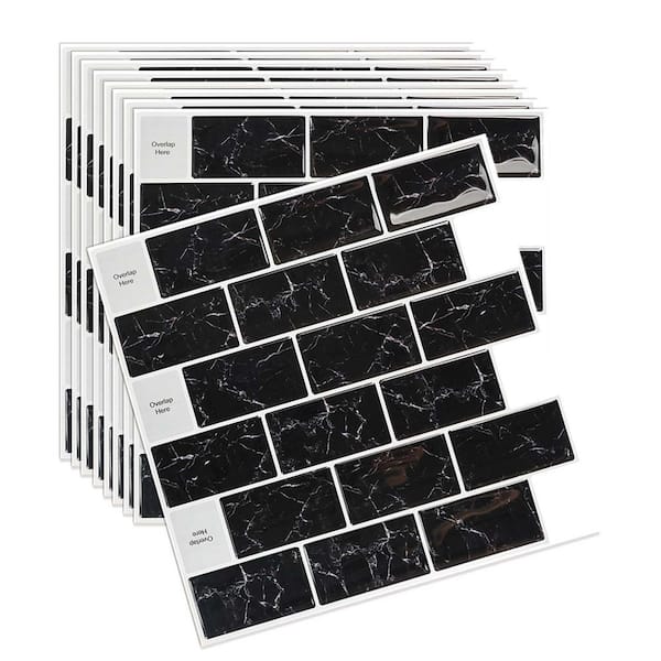Jeedeson 11.8 in. x 11.8 in. Vinyl Peel and Stick Backsplash Tile Wall Subway Tile for Kitchen, Black Marble (10-Pack)