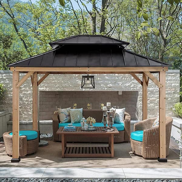 CoastShade 11 ft. x 13 ft. Solid Wood Patio Gazebo Garden Gazebos Cedar Frame and Steel Ventilation Hardtop