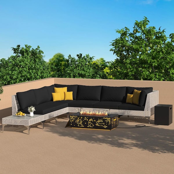 Unbranded 9-Piece Outdoor Fire Pit Patio Set Conversation Set with LED Fire Pit Table, Black Cushions and 2 Coffee Tables