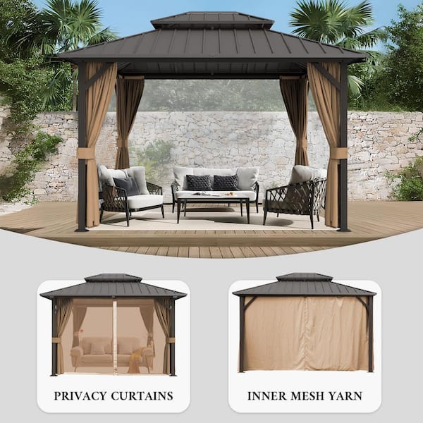 10 ft. x 12 ft. Double Galvanized Steel Roof Aluminum Frame Outdoor Patio Hardtop Gazebo with Netting and Curtains
