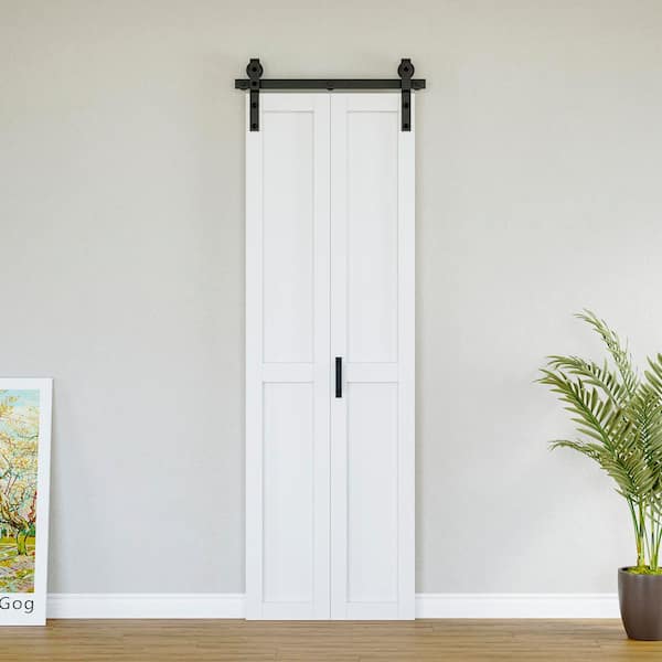 ARK DESIGN 25 in. x 84 in. Solid Core White Primed MDF Wood Paneled H Design Bi-Fold Door Style Barn Door with Hardware