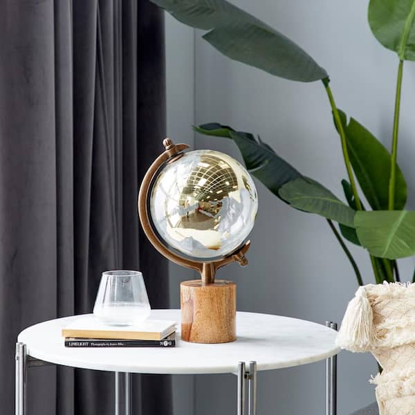 Litton Lane 15 in. Gold Wood Decorative Globe with Brown Base