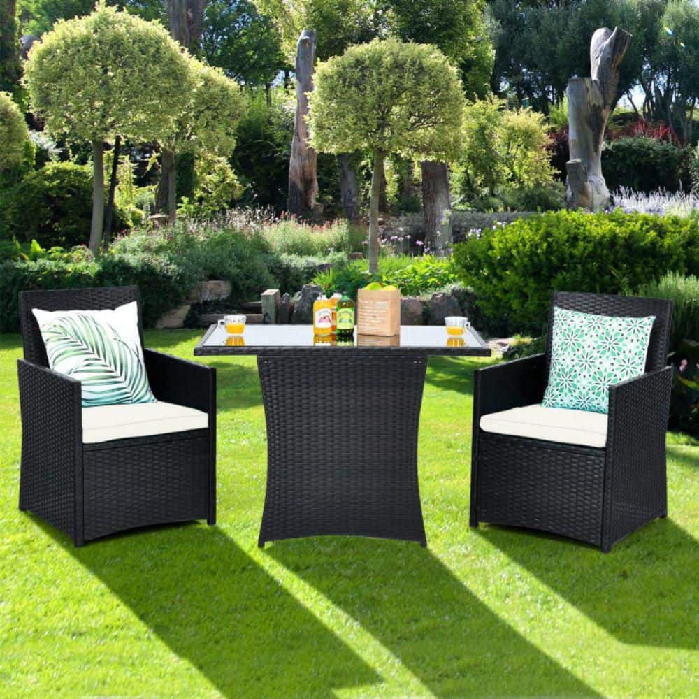3-Piece Black Steel and Glass Patio Bistro Set with White Cushions