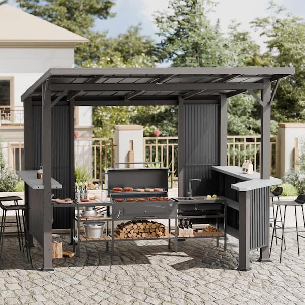 10 ft. x 10 ft. Black Hardtop Grill Canopy with Independent Countertop and Galvanized Steel，BBQ