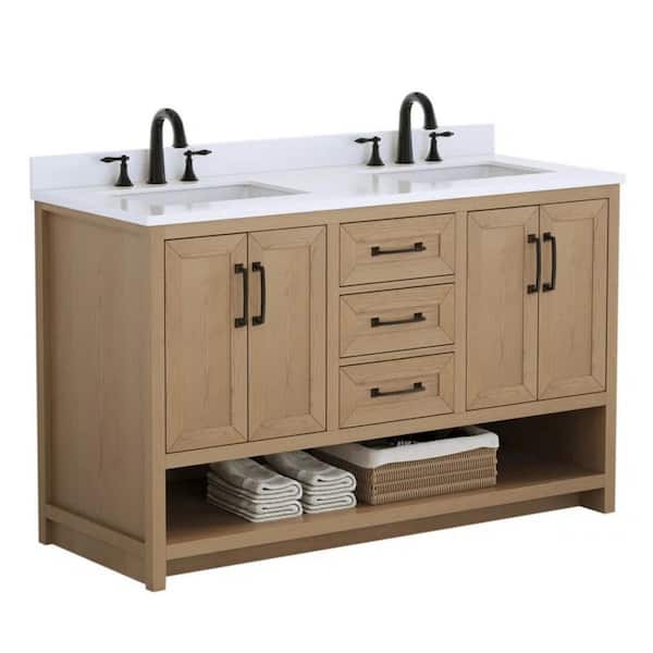 Tresvia 55 in. Double Freestanding Oak Gray Bath Vanity with White Engineered Stone Top Assembled