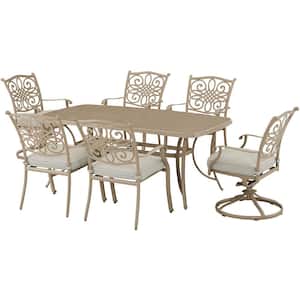 Traditions 7-Piece Metal Outdoor Dining Set in Sand with Cushions Cast-top Table