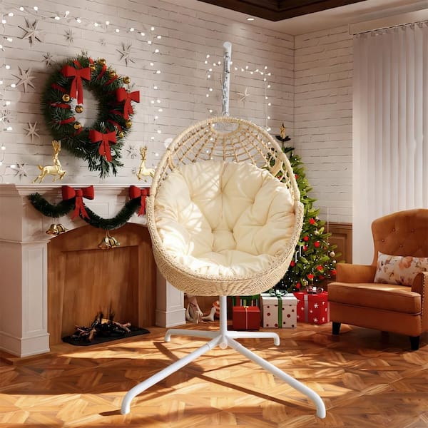 Home Furniture 6.5 ft. Standing Hammock Hanging Basket Chair with Beige Cushion