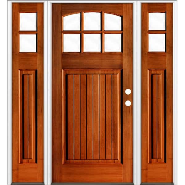 64 in. x 80 in. V-Groove Arch 6-Lite Clear Glass Red Chestnut Stain Left Hand Hemlock Prehung Front Door with DSL