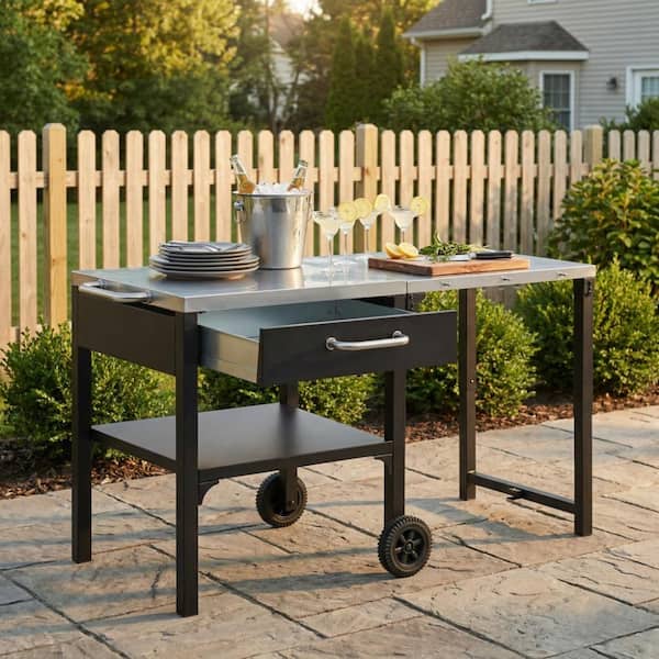 Black Stainless Steel Top 54.7 in. Outdoor Kitchen Island with Foldable Top and Storage Space