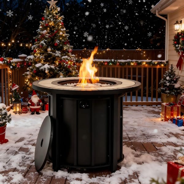 Black Round Steel Outdoor Fire Pit Table with Mosaic Ceramic Tabletop and Glass Beads