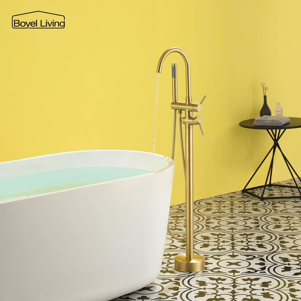 Brushed Gold Double Handle Floor Mount Tub Filler