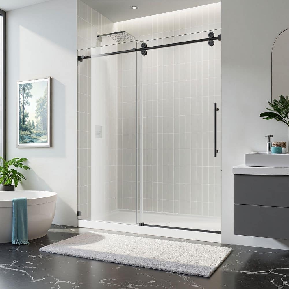 60 in. W x 76 in. H Single Sliding Frameless Shower Door in Matte Black with 3/8 in. Clear Tempered Glass price history on PriceWatchPro