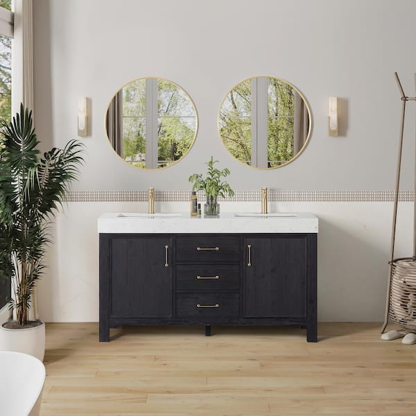 ROSWELL León 60 in. W x 22 in. D x 34 in. H Double Bath Vanity in Fir Wood Black with White Composite Stone Top and Mirror