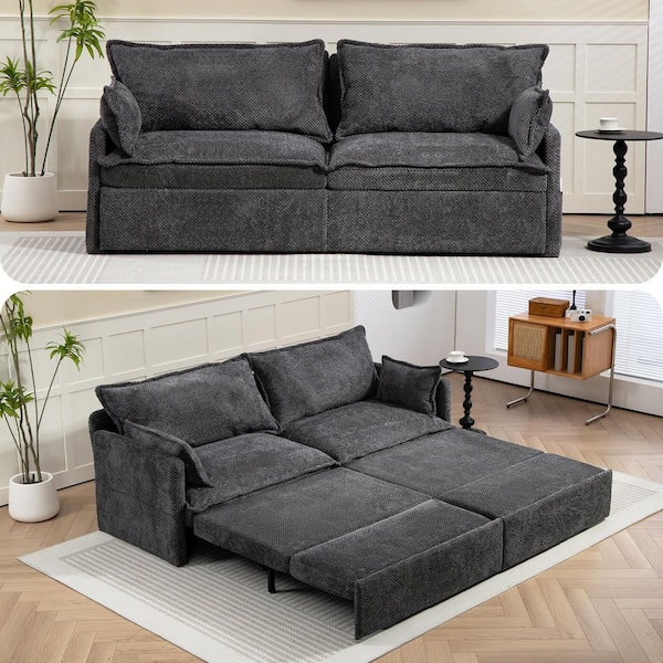 73.6 in. Gray Corduroy Fabric Queen Size Pull-Out Sofa Bed with Side Storage, USB/C-TYPE Charging Ports