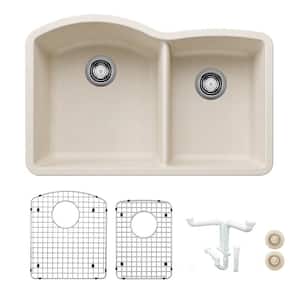 Diamond 32.07 in. Undermount Double Bowl Soft White Granite Composite Kitchen Sink Kit with Accessories