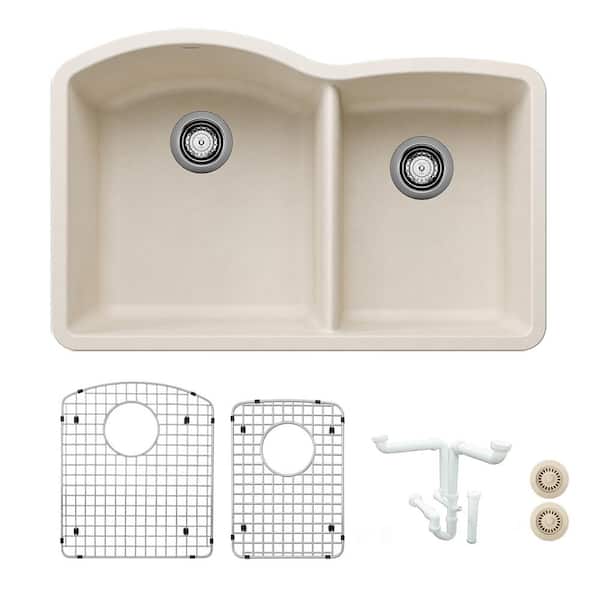 Blanco Diamond 32.07 in. Undermount Double Bowl Soft White Granite Composite Kitchen Sink Kit with Accessories