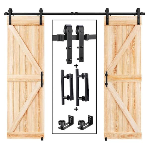 24 in. x 80 in. Black Metal Double Sliding Barn Door Track, 8 ft. J Pulley Track, Sliding Barn Door with Hardware Kit