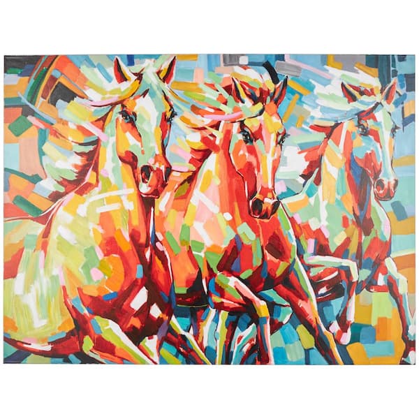 Litton Lane 1- Panel Framed Horse Abstract Paint Splatter Art Print with Abstract Paint Stroke Design 36 in. x 47 in.