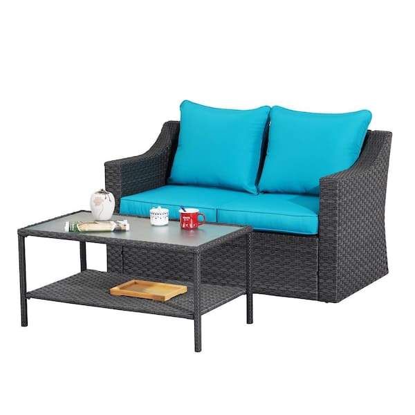 Unbranded 2 Pieces Gray Wicker Patio Conversation with Blue Cushions and Coffee Table, Double Small Sofas for Outdoor