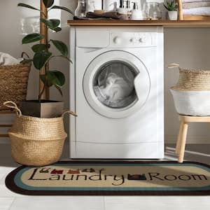 Laundromat Collection Non-Slip Rubberback Bordered 2x5 Laundry Room Runner Rug, 20 in. x 59 in. Oval, Beige