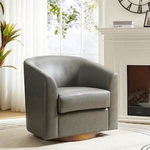 Meroy 30.5 in. Wide Grey Modern Swivel Barrel Faux Leather Chair with Solid Wood Base