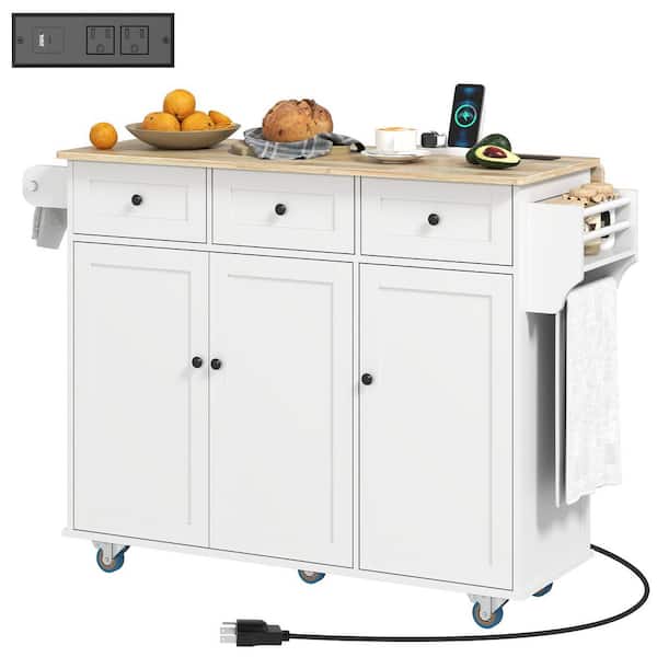 White Wood 53.1 in. Kitchen Island with Drop Leaf, Drawers, Cabinets, Towel and Spice Rack, Outlets and Wheels