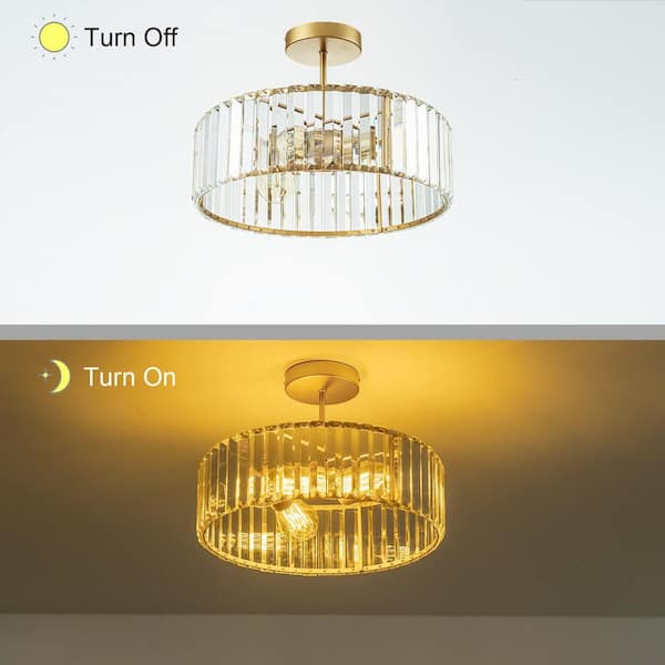 Sefinn Four 15 in. 3-Light Gold Crystal Semi Flush Mount Ceiling