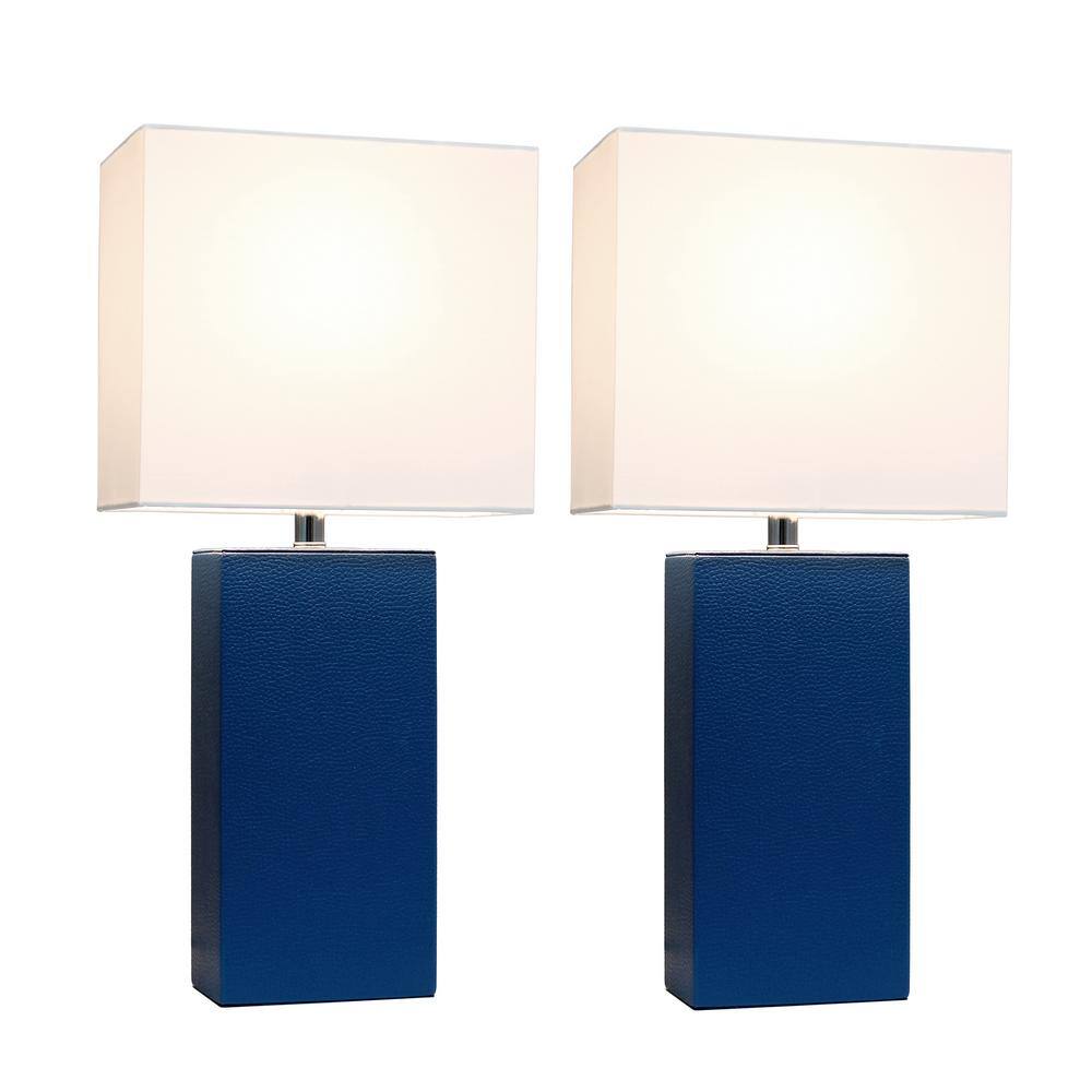 Set of 2 Blue Leather Nightstand Lamps with White Fabric Shades
