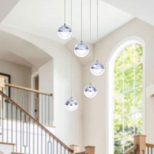 5-Light Chrome Integrated LED Pendant Light with Acrylic Shade