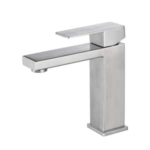 Modern Single Handle Single Hole Bathroom Faucet with Deckplate Included, Hot/Cold Indicator, Stainless Steel in Nickel